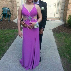 Cachet Purple Gown Rhinestone Jewels Low Back Cut Out Split Front Train Dress